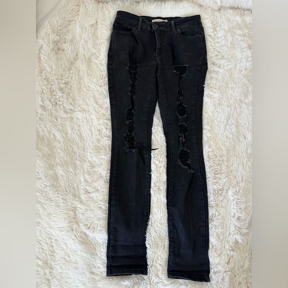 LEVI’S 711 Skinny Jeans Size 29 Black Distressed Ripped Stretch Denim Women’s